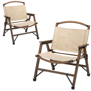 2x Bamboo Foldable Outdoor Camping Chair Wooden Travel Picnic Park Folding - Khaki